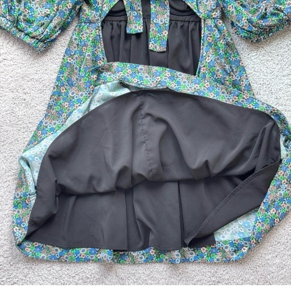 For Love & Lemons Alisa Mini Dress Puff Sleeve Sweetheart Blue Green Size Small - Picture 7 of 9